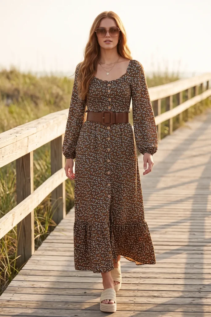 A woman wears 70s outfits styling a brown floral tiered maxi dress with a wide brown belt and woven platform sandals.