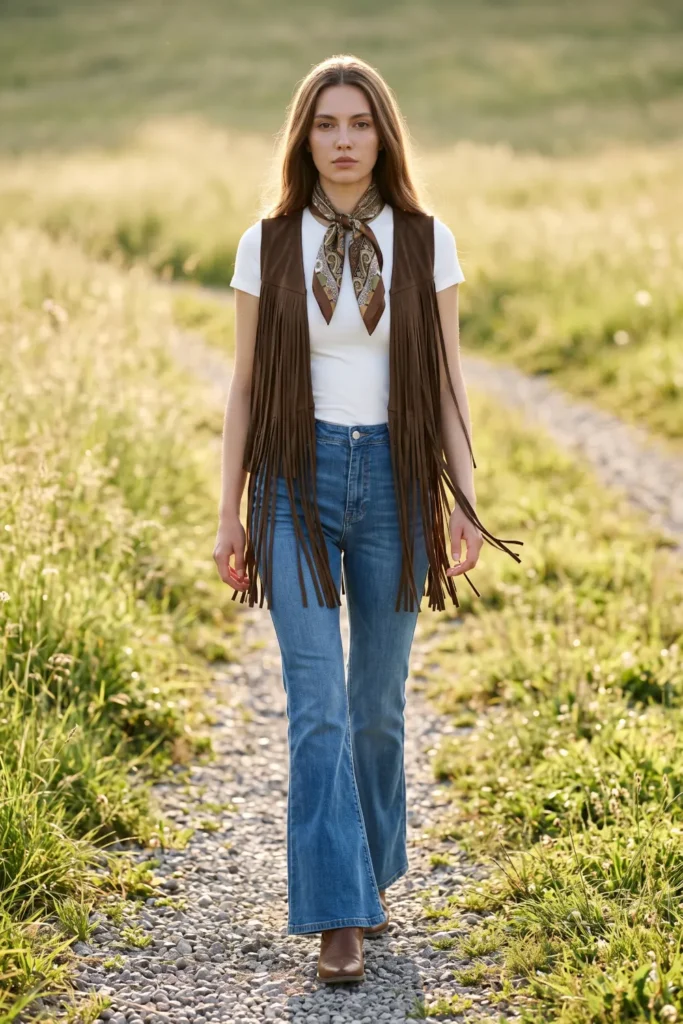 A woman walks outdoors wearing 70s outfits including a chocolate brown fringe vest over a white tee and flared jeans.