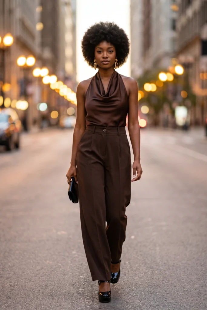 A Black woman with an afro wears 70s outfits featuring a brown satin cowl halter top and pleated wide-leg trousers.