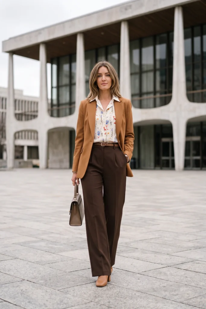 A woman models chic 70s outfits wearing a camel blazer, floral printed blouse, and pleated chocolate wide-leg trousers.