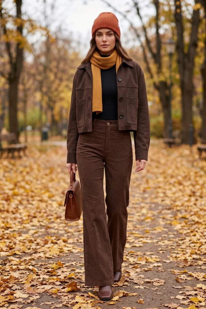 A woman models warm autumn 70s outfits in brown corduroy flared pants, a cropped suede jacket, and a rust knit beanie.