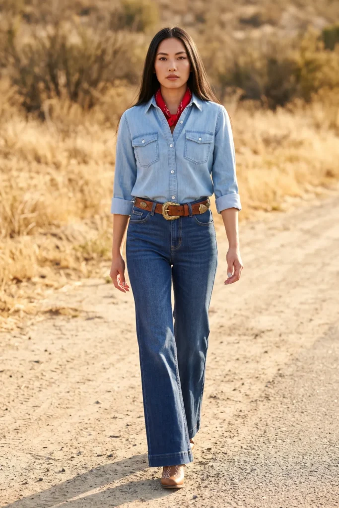A woman models 70s outfits wearing a light chambray button-up shirt tucked into dark flared jeans with western boots.