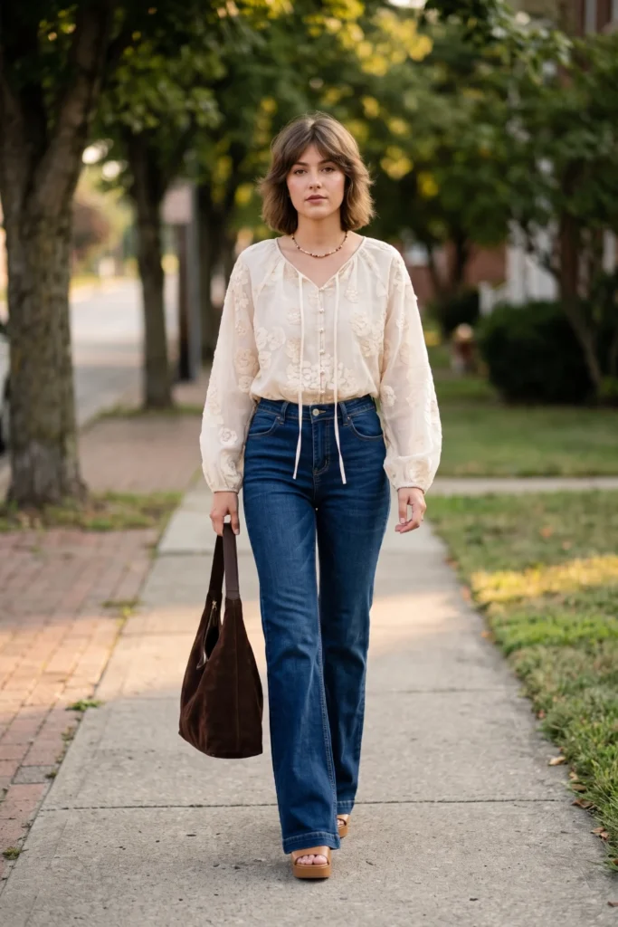 A woman walks outside wearing 70s outfits featuring high-waisted flared jeans, an embroidered peasant blouse, and a brown suede bag.