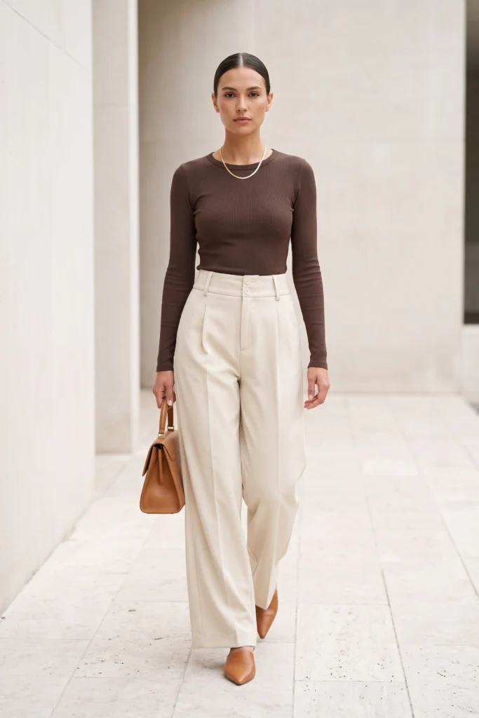A woman with a sleek low bun models modern minimalist 70s outfits wearing cream wide-leg trousers and a brown ribbed knit top.