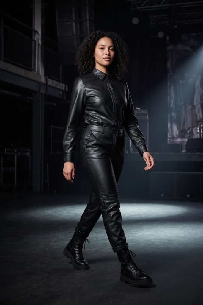 All-black leather co-ord set, a sleek monochrome concert outfit