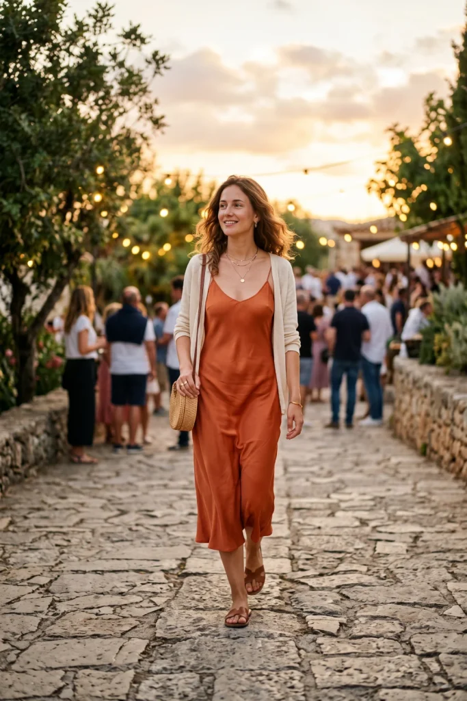 Lightweight cardigan over a slip dress, a versatile outdoor concert outfit