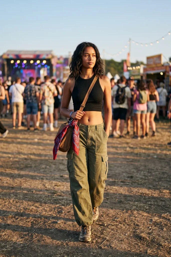 Baggy cargo pants and crop top, a casual-cool concert outfit for 2026