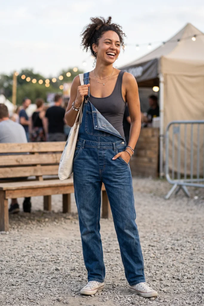 Denim overalls over a bodysuit, a playful and comfortable concert outfit