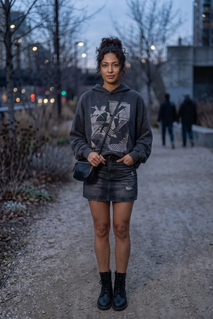 Denim mini skirt with an oversized hoodie, a cozy concert outfit for cooler nights