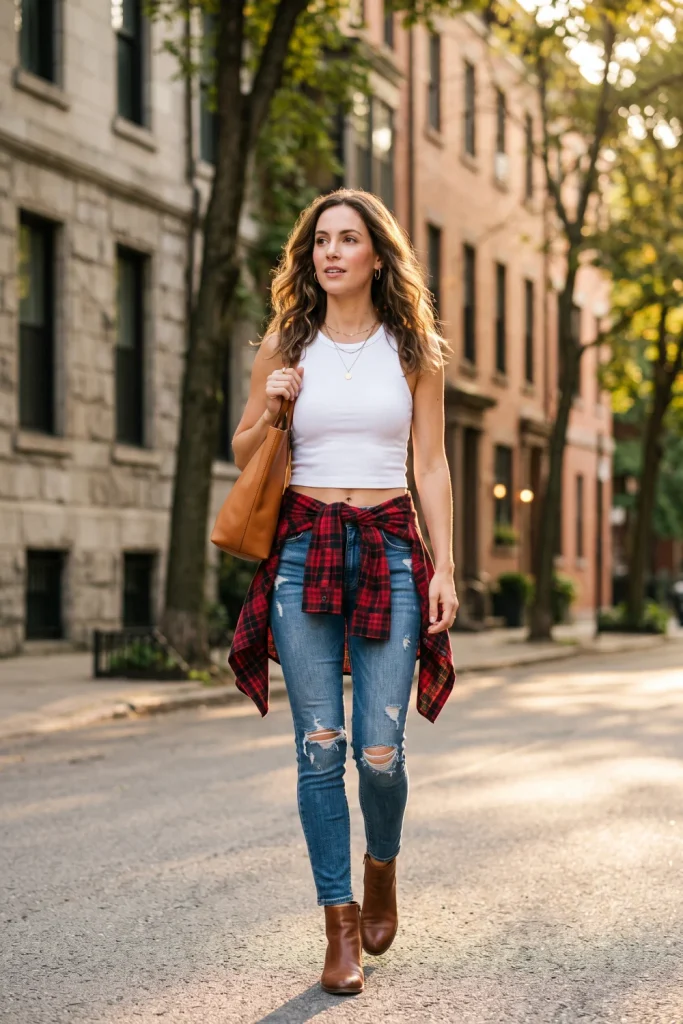 Distressed jeans with a flannel tied at the waist, a layered concert outfit