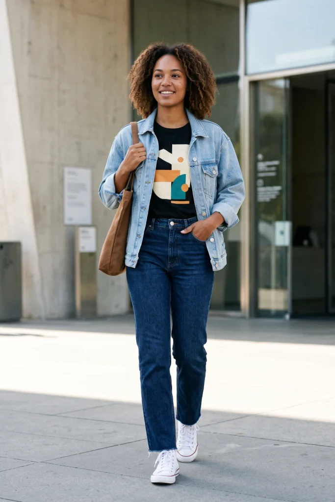 Double denim layered over a graphic tee, a casual-cool concert outfit