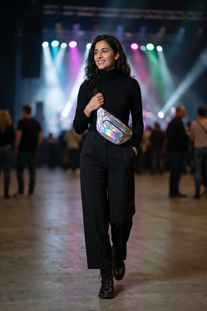 Holographic bag styled with an all-black outfit, an easy statement concert outfit
