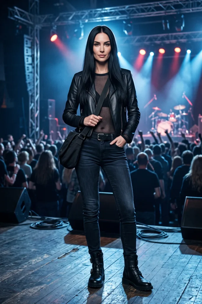 Leather jacket over a mesh top, an edgy layered concert outfit