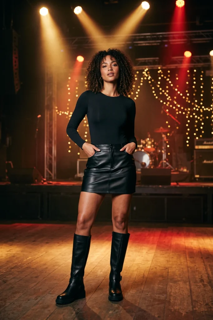 Leather mini skirt and bodysuit styled as a polished concert outfit