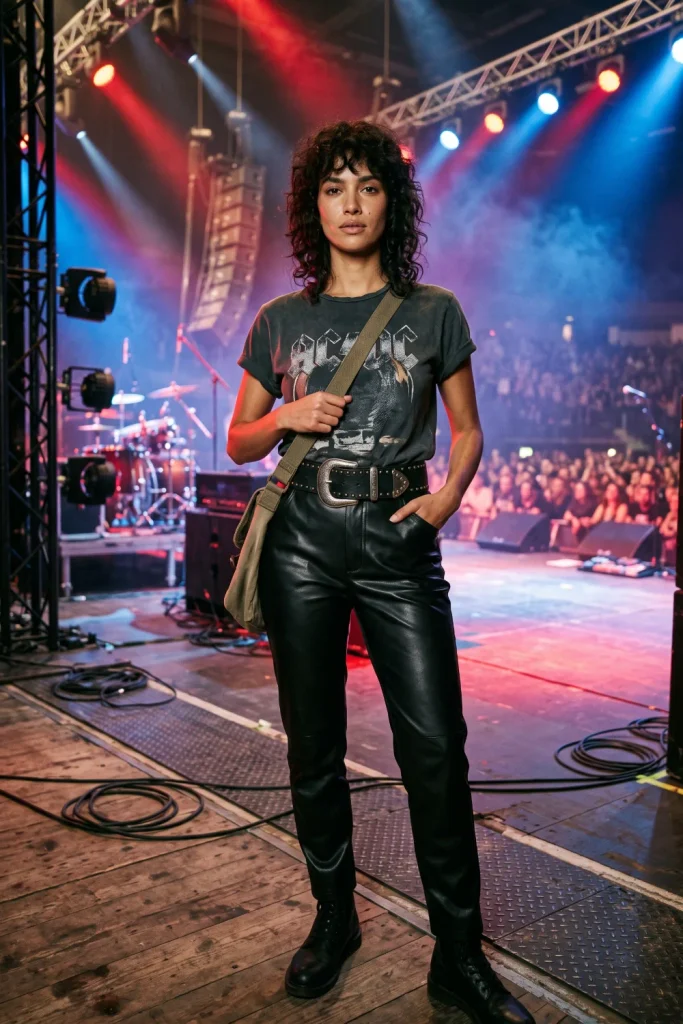 Leather pants and a band tee, a rock-show concert outfit for 2026