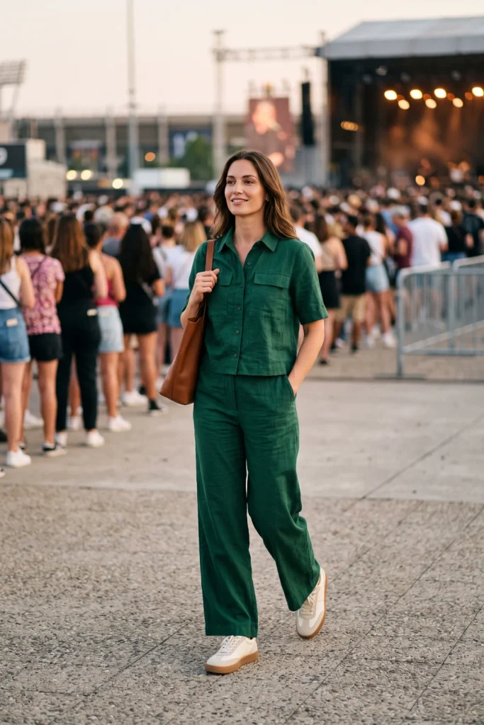 Utility jacket with joggers and sneakers, a practical rainy-day concert outfit