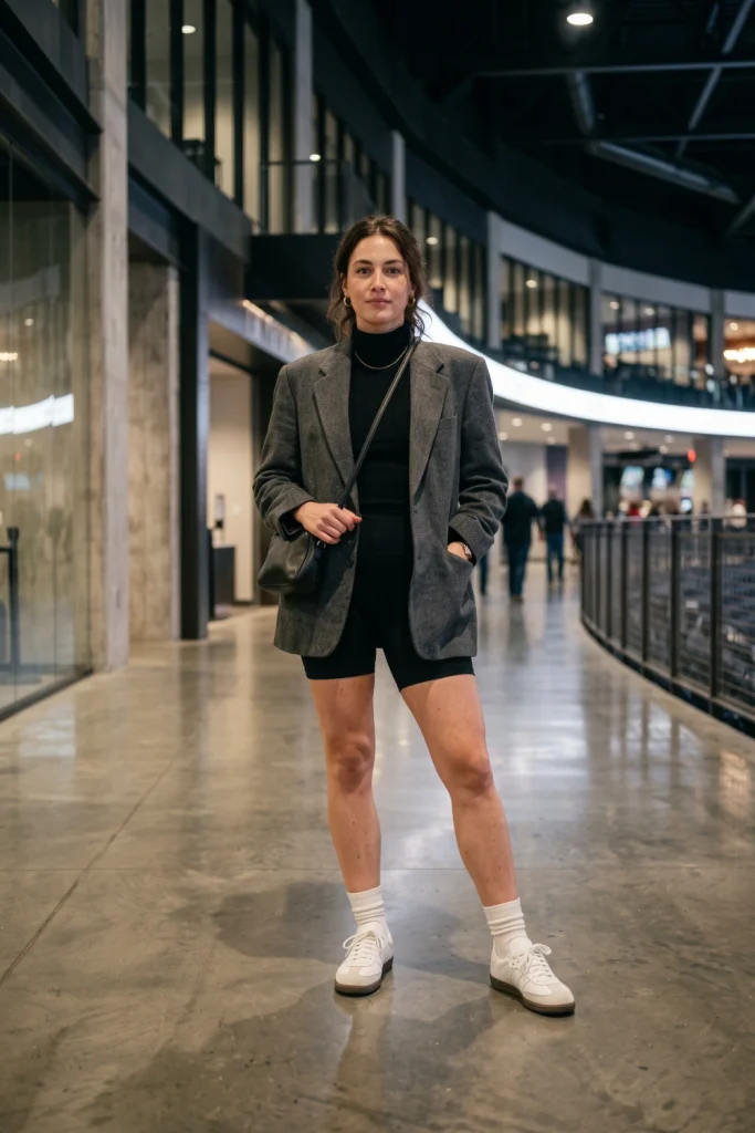 Oversized blazer with bike shorts, a smart-casual concert outfit for indoor venues