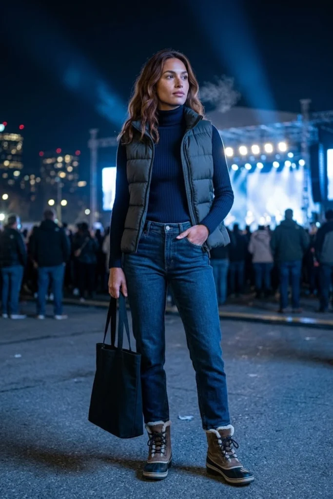 Puffer vest layered over a turtleneck, a warm winter concert outfit