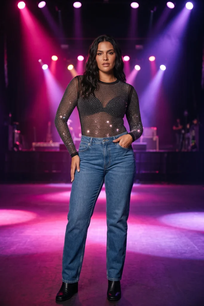 Rhinestone bodysuit tucked into jeans, a sparkly pop-show concert outfit