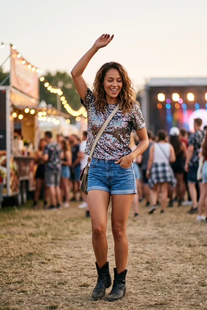 Sequin top styled with denim shorts, a sparkly festival concert outfit