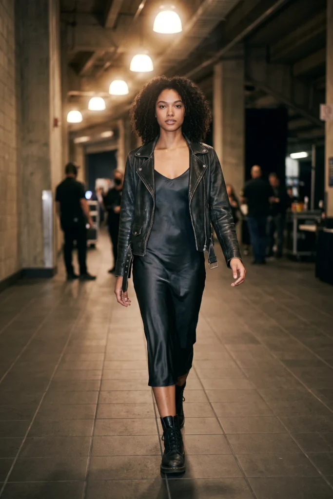 Slip dress layered with a moto jacket, an edgy concert outfit idea