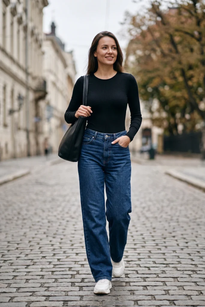 Wide-leg jeans with chunky sneakers, a comfortable everyday concert outfit