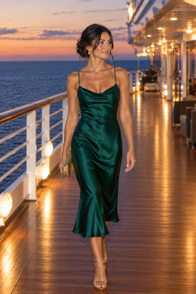 Emerald satin slip midi dress for cruise formal night, a holiday outfit that can double as elegant concert outfits