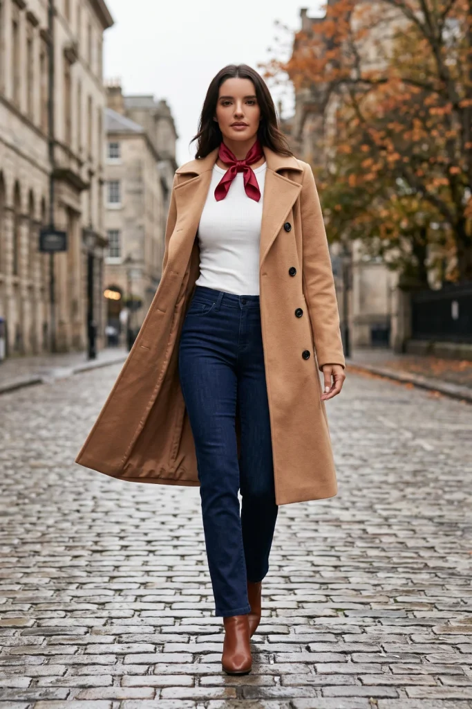 A woman models fall outfits in a tailored camel coat, white ribbed top, dark straight-leg jeans, and a red neckerchief.