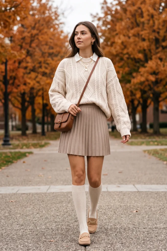 A young woman walks on campus wearing fall outfits featuring a chunky cream cable-knit sweater, clay pleated skirt, and loafers.