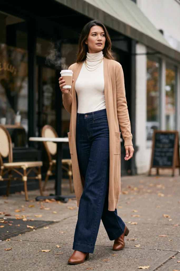 A woman strolls with coffee on an autumn street, wearing cozy Fall Outfits like a long camel cardigan and dark wide-leg jeans.