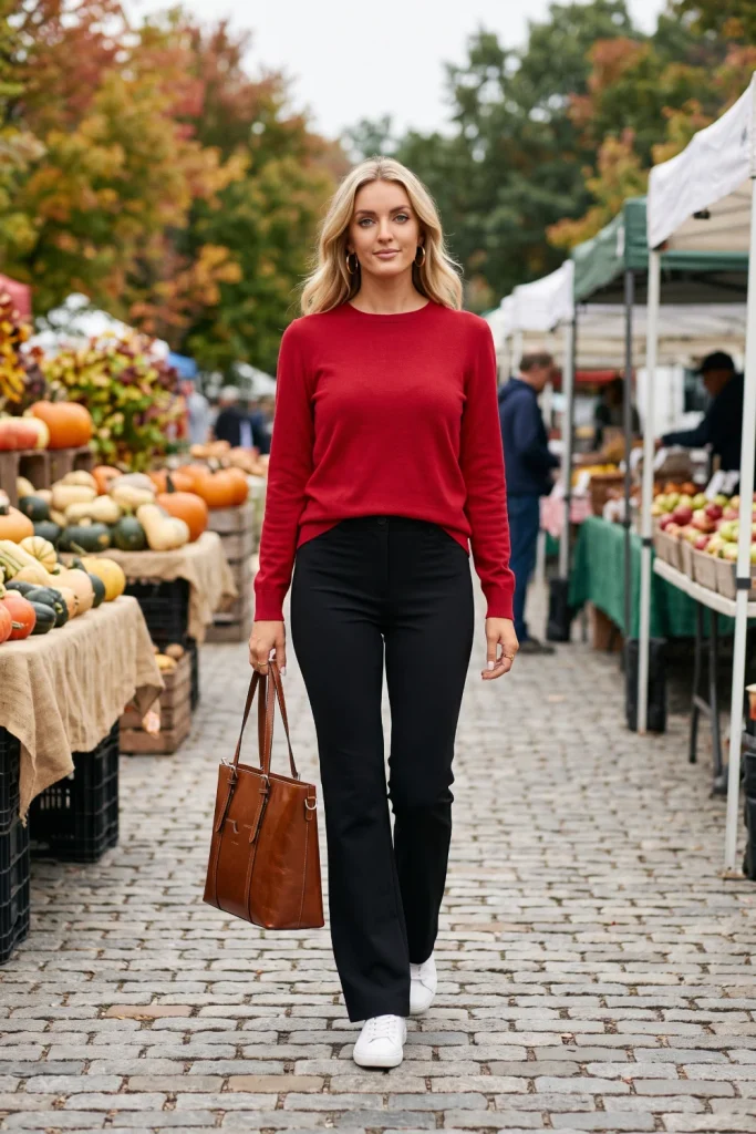 A woman models fall outfits in a cherry red crewneck sweater, black bootcut trousers, white sneakers, and a brown tote.
