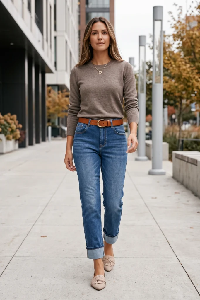 A woman wears stylish fall outfits featuring cuffed cigarette jeans, a taupe knit top, cognac belt, and pointed flats.