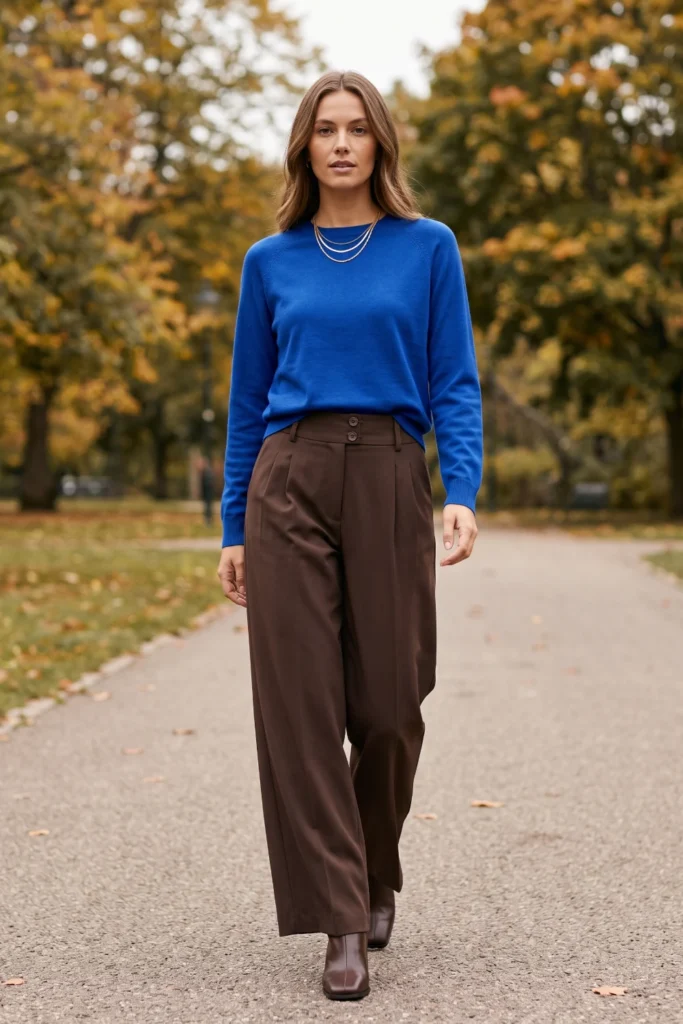 A woman styles chic fall outfits with a cobalt blue raglan sweater, chocolate pleated trousers, and square-toe boots.