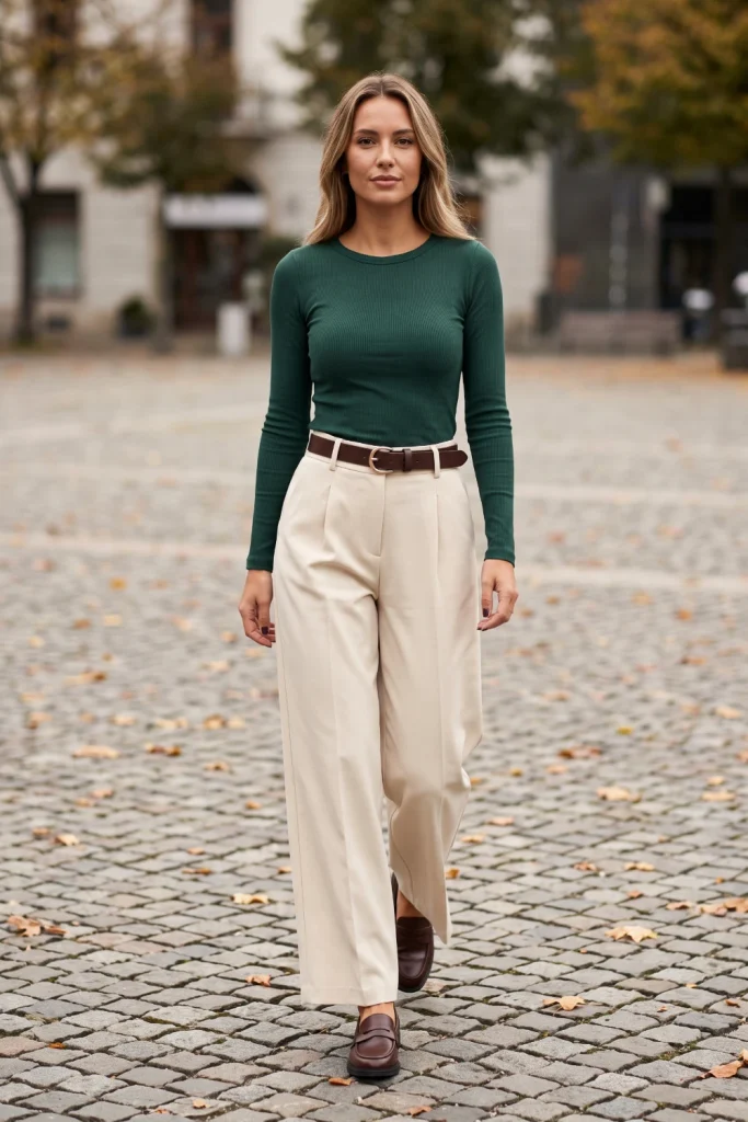 A woman wears fall outfits styling cream wide-leg trousers with a dark green top and brown leather loafers.
