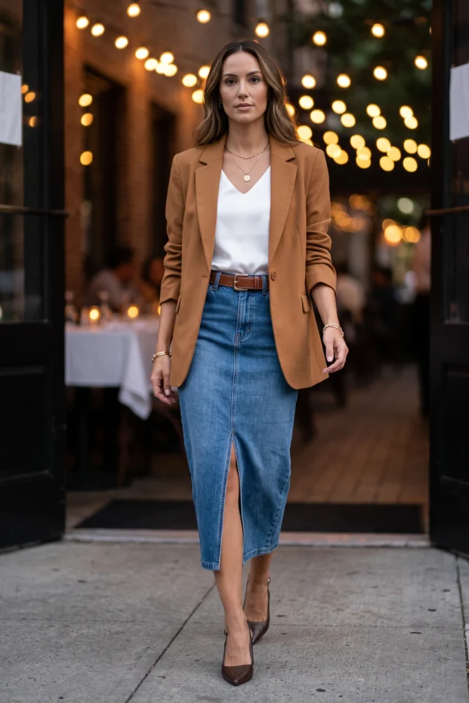 A woman walks outside a restaurant at dusk wearing chic fall outfits with a caramel blazer and denim midi skirt.