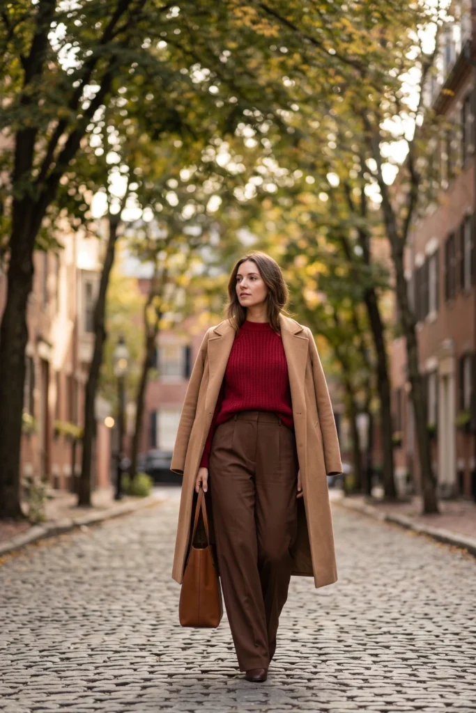 A woman models chic fall outfits wearing a camel coat draped over a cherry-red sweater and brown trousers.