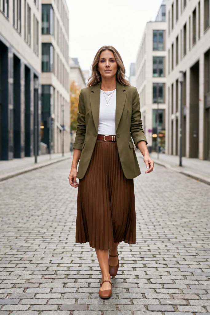 A woman models fall outfits in an olive structured blazer, brown pleated midi skirt, and brown Mary Jane flats.