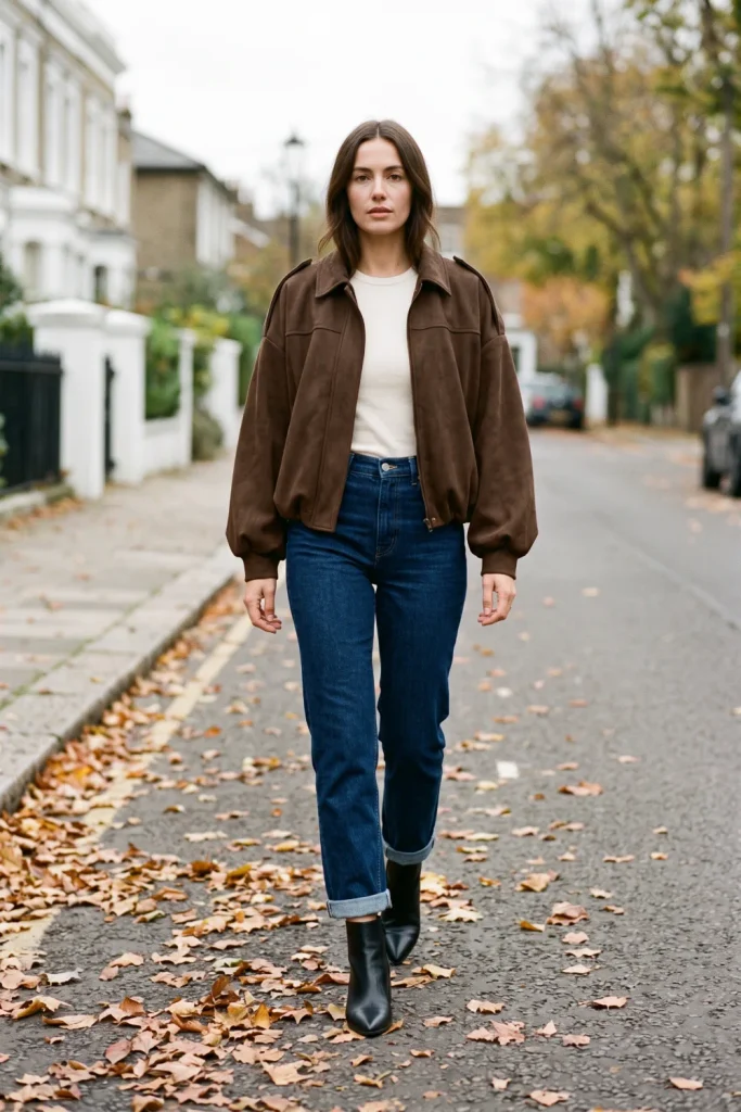 A woman strolls along a leaf-strewn street wearing stylish fall outfits: dark cuffed jeans, black boots, and a chocolate suede jacket.