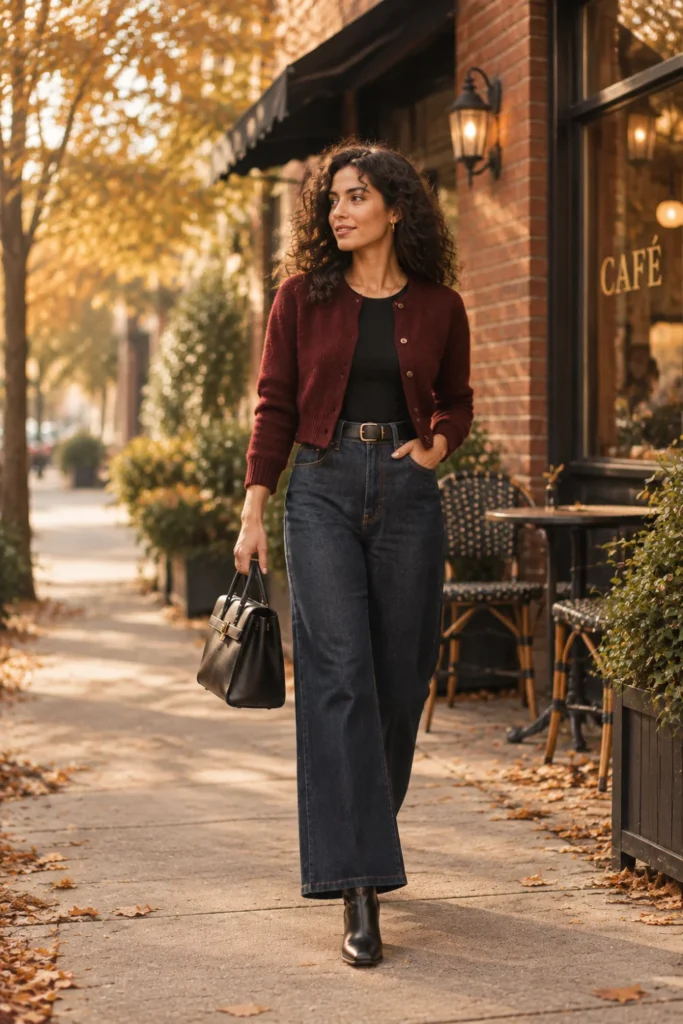 Fashion Guide for Women: burgundy cardigan outfit with black tee and wide-leg jeans