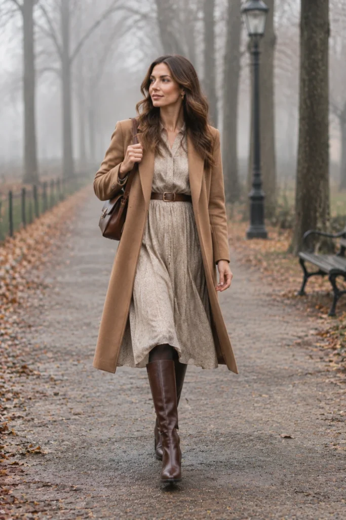 Fashion Guide for Women: flowy neutral dress layered with a long coat and boots
