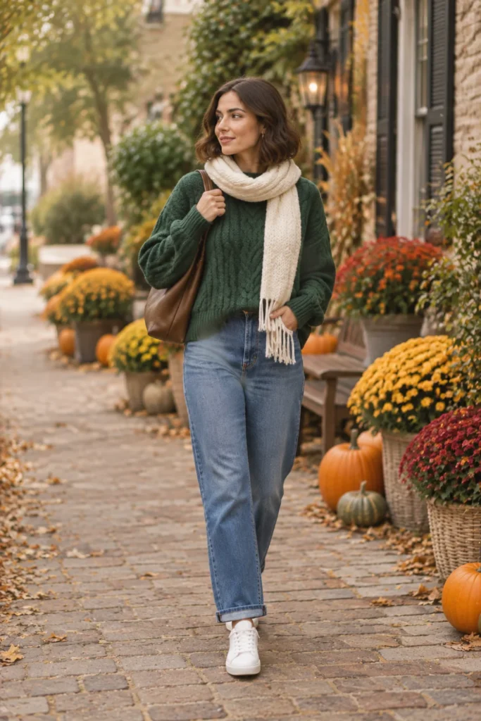 Fashion Guide for Women: chunky green cable knit sweater with relaxed straight jeans