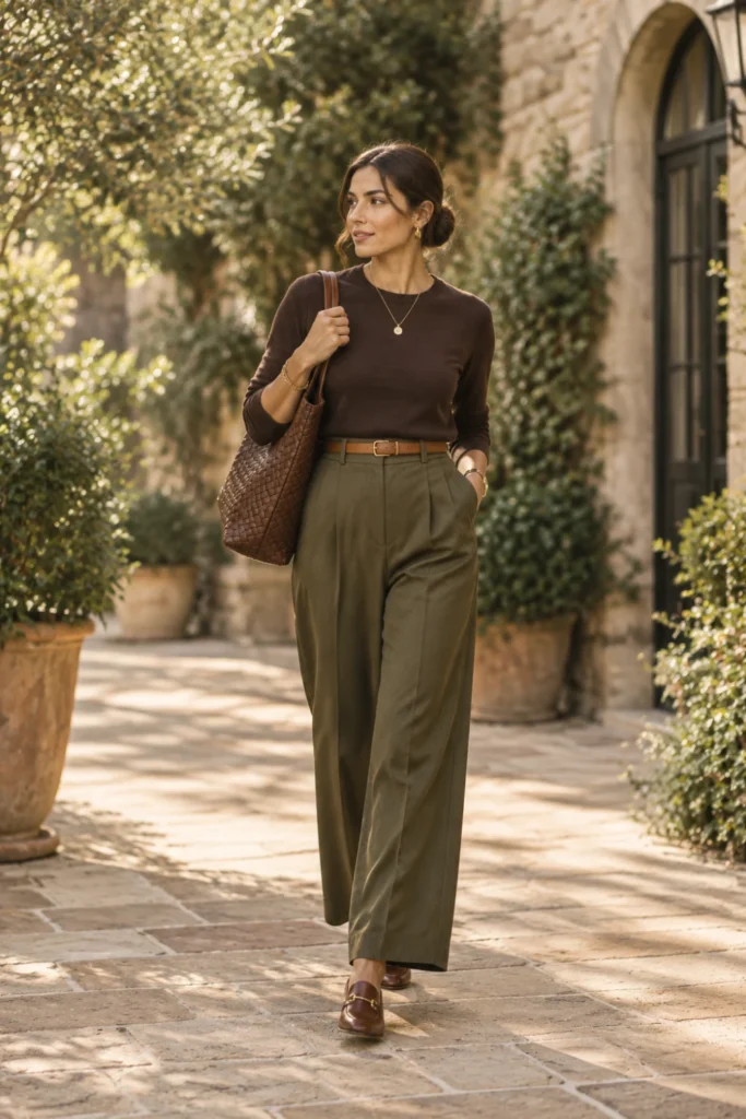 Fashion Guide for Women outfit idea: olive trousers with a brown knit top and slouchy tote
