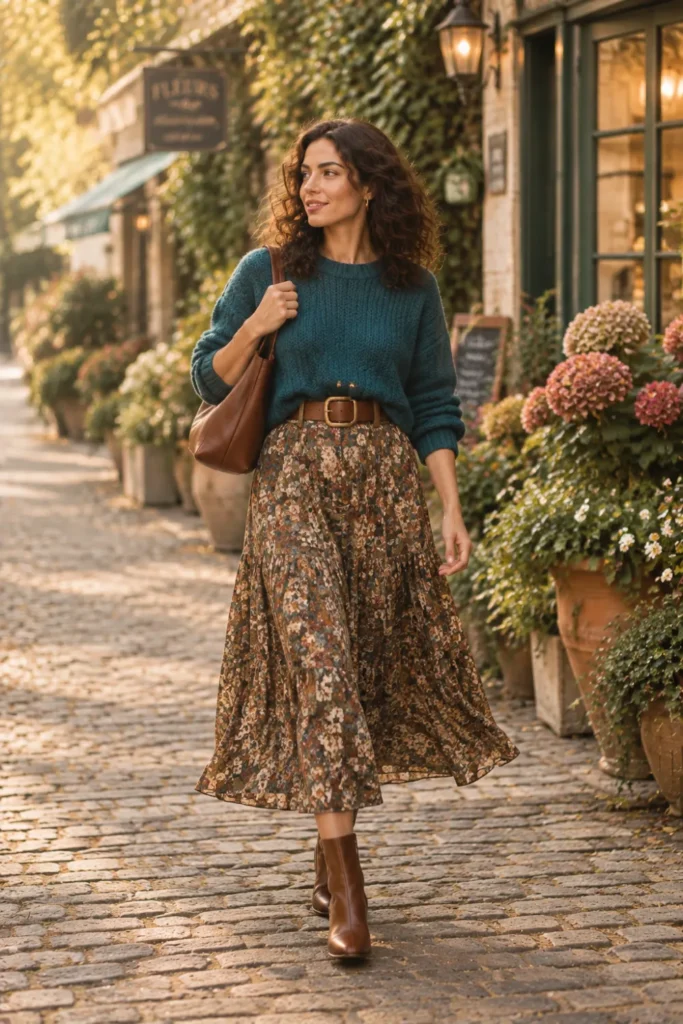 Fashion Guide for Women: patterned midi skirt with a teal sweater and belt