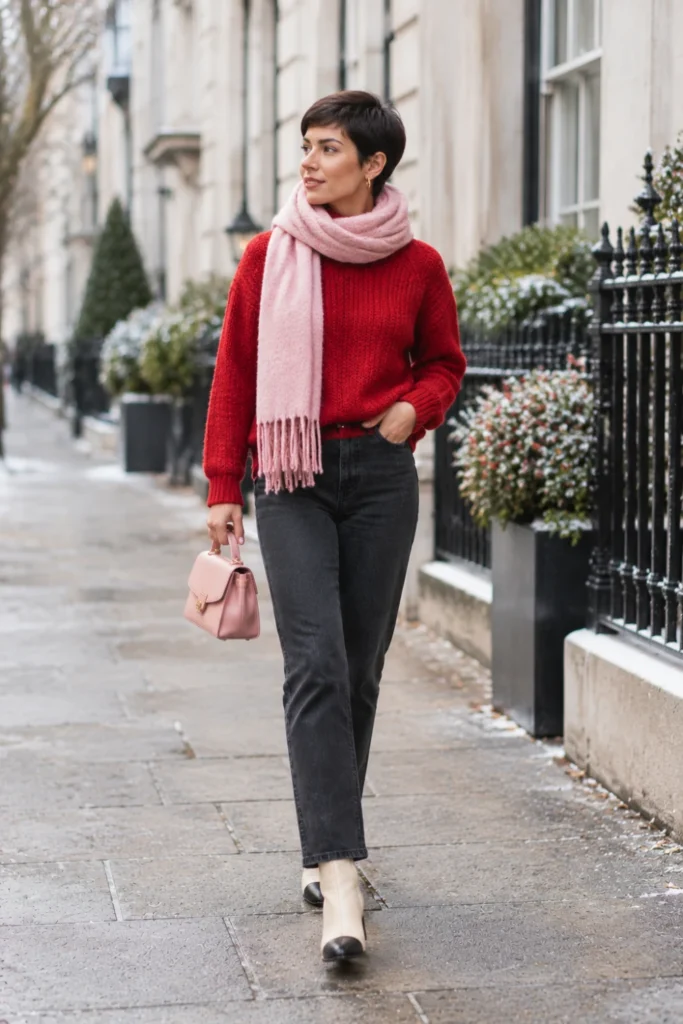 Fashion Guide for Women: red sweater and pink scarf color combination