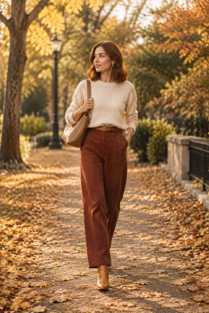 Fashion Guide for Women autumn look: rust trousers with a cream sweater and tan boots