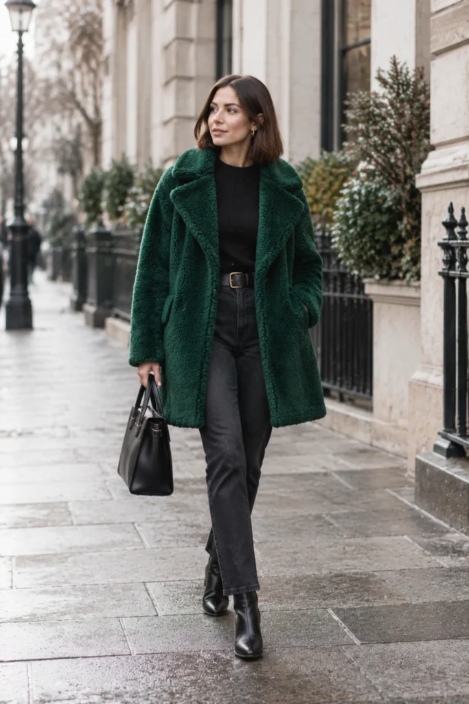 Fashion Guide for Women winter look: slim-straight jeans with a textured statement coat