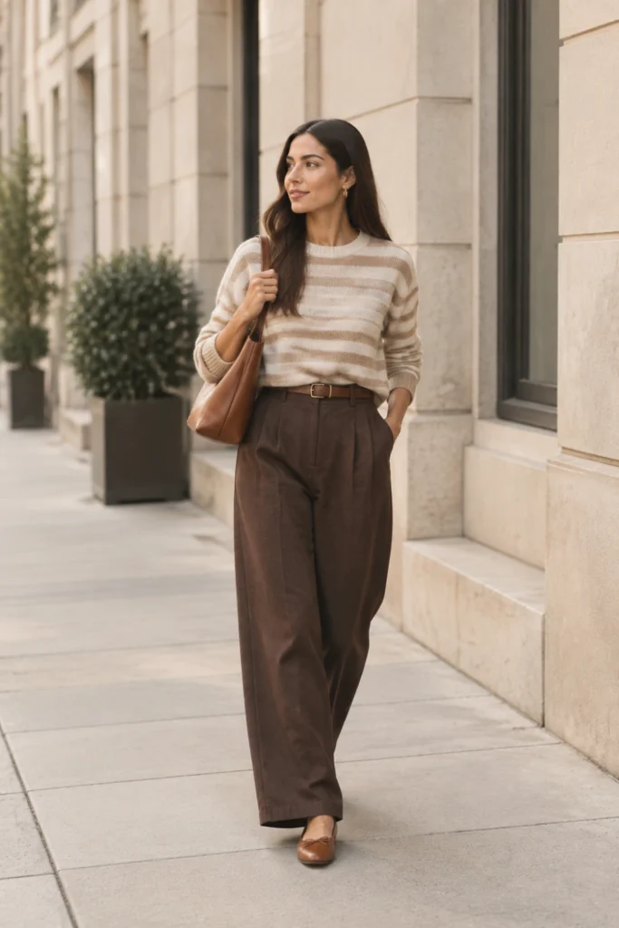 Fashion Guide for Women: striped knit sweater styled with chocolate brown trousers