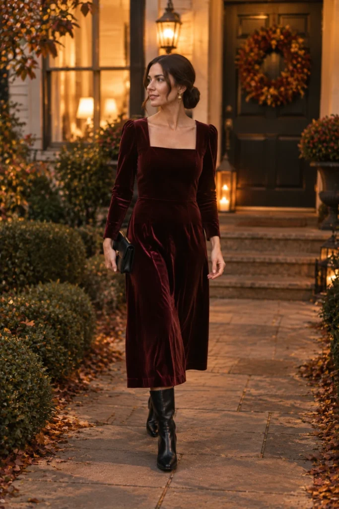 Fashion Guide for Women: velvet Thanksgiving outfit in deep burgundy with gold earrings