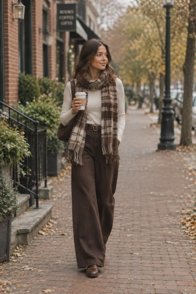 Chocolate brown wide-leg pants with a plaid scarf and coffee in hand, a cozy pick for outfits ideas for women