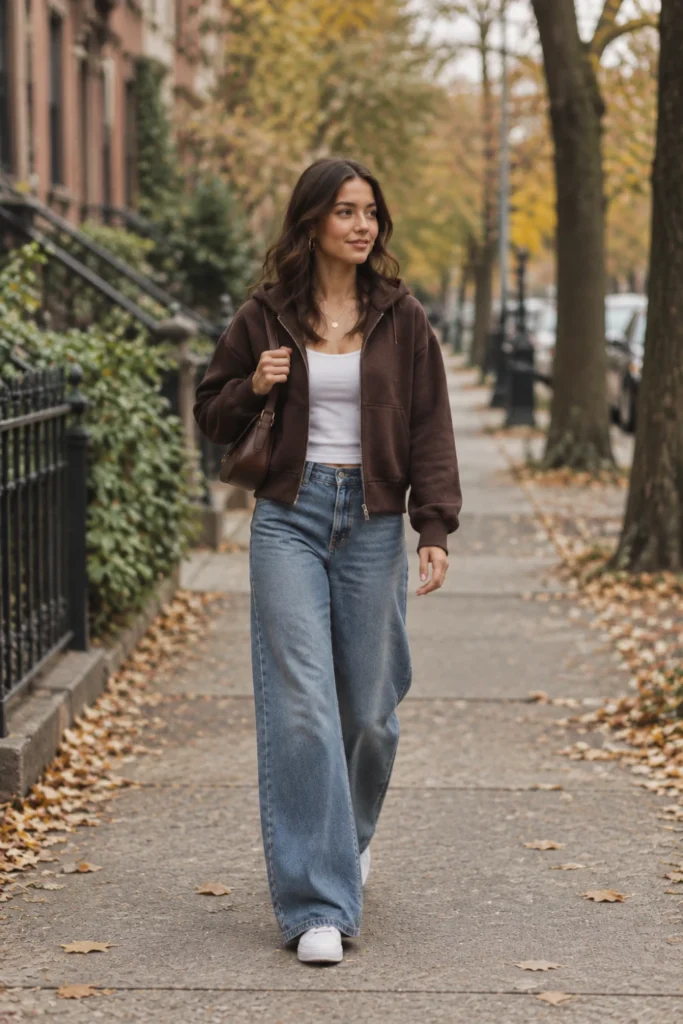 Brown zip hoodie with white tank and baggy wide-leg jeans, an easy weekend pick from these outfits ideas for women